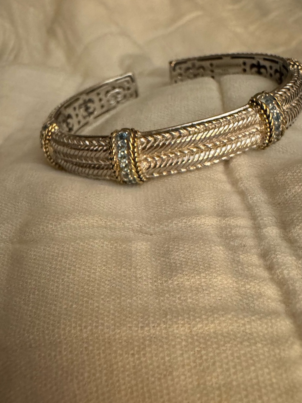 Judith Ripka sterling silver and 18k Gold Braided Cuff with Light Blue topaz